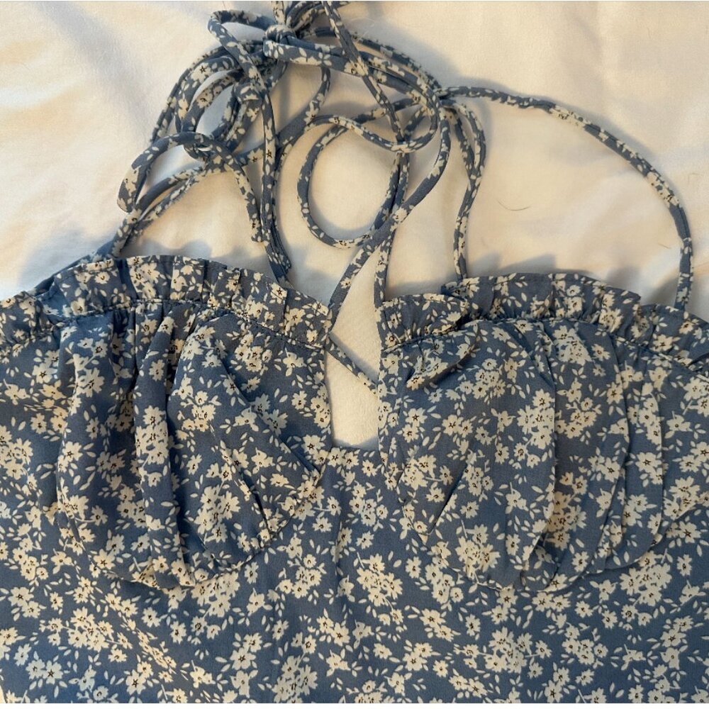 Cider | Blue Floral Ruffle-y Mini Dress | spaghetti straps | size S | NWT - Picture 3 of 7
